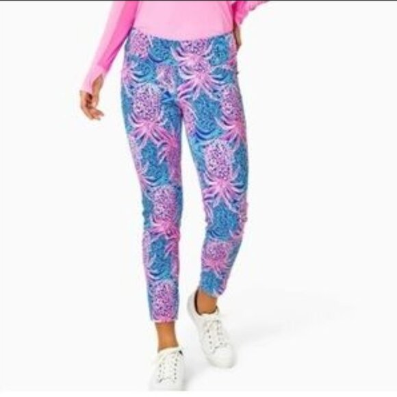 LILLY PULITZER  Luxletic Leggings Sz 10 Stretch Pink Blue Preppy Pineapple NWOT - Picture 1 of 10